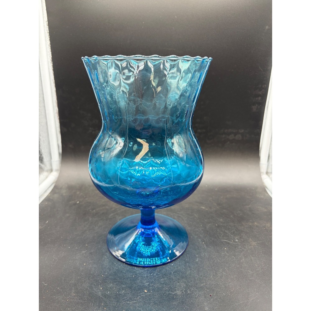 Vintage Blue Glass Hurricane Vase Footed Pedestal Scalloped Diamond Quilted 9.5"